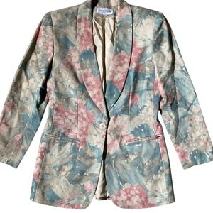 Casual Corner Pastel Tapestry Floral Blazer Single Button Lined Glam Rock‎ 80s